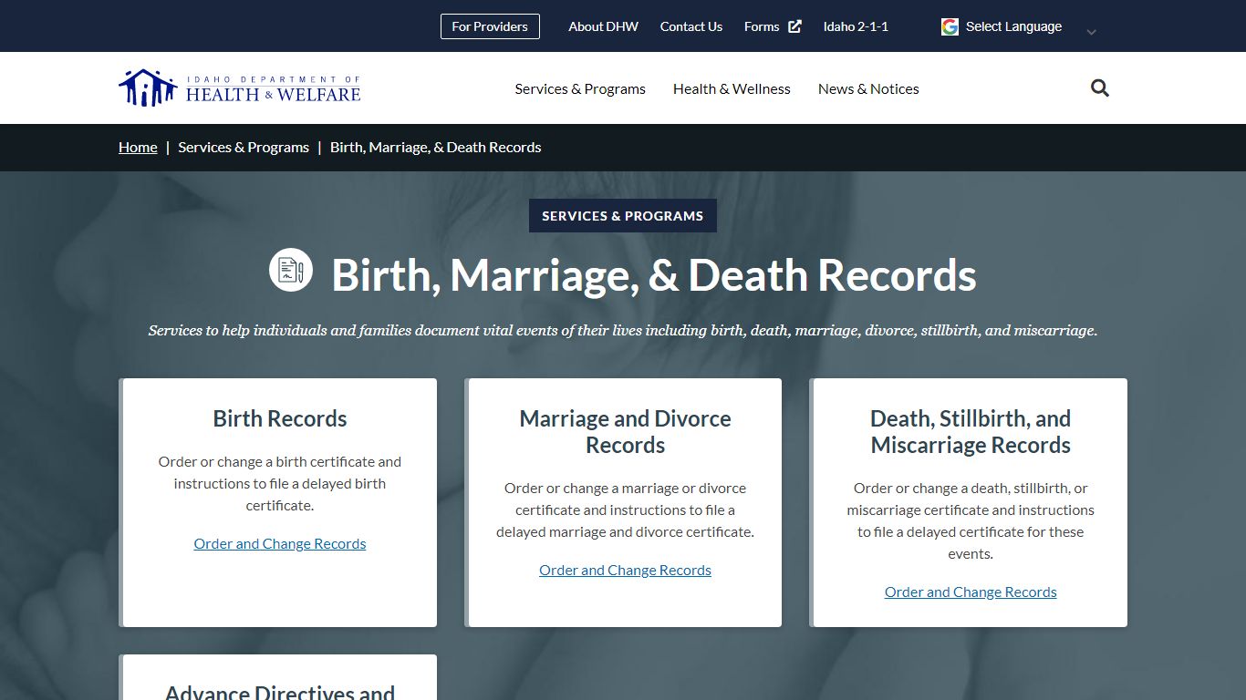 Birth, Marriage, & Death Records | Idaho Department of Health and Welfare
